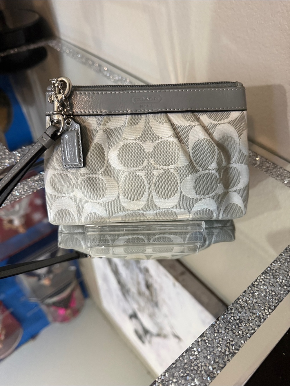 Coach Gray Signature Small Wristlet with Leather Trim